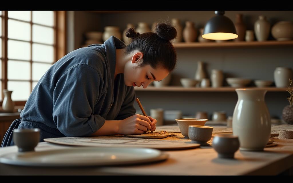 静かで整理された工房で、職人が修復作業に集中している様子。