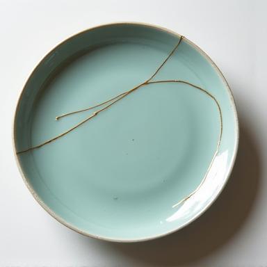 金継ぎで修復された美しい青磁の皿。